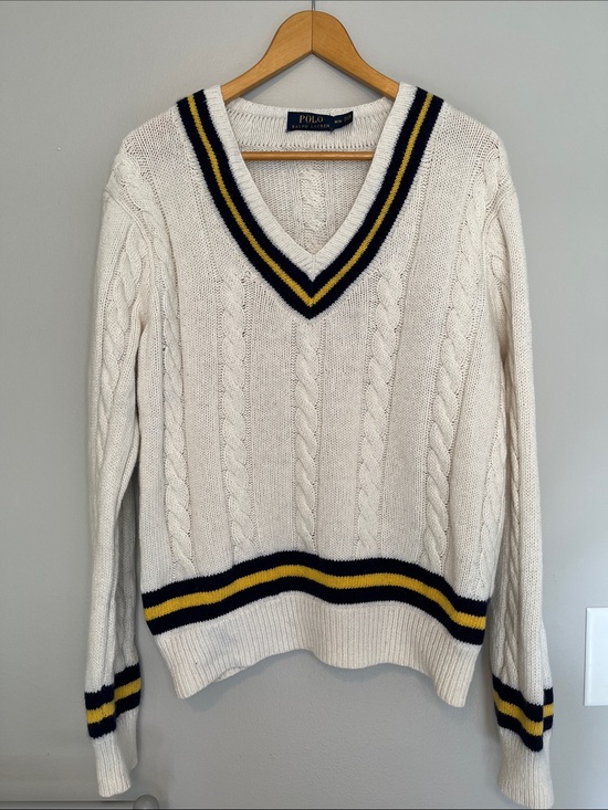 Polo Ralph Lauren Sweaters - Polo by Ralph Lauren Cream Cricket Cable-Knit V-Neck Sweater with Navy & Yellow
